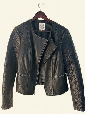 Dawn Levy Black Quilted-Sleeve Leather Jacket